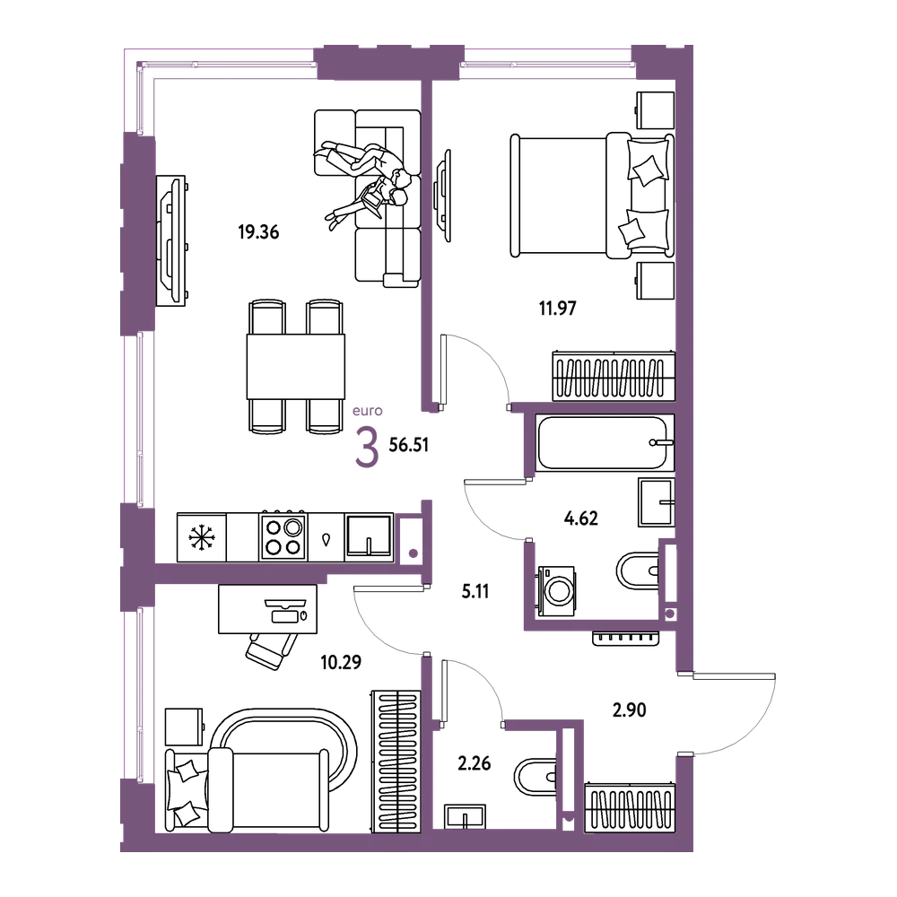 Планировка: Евротрёшка 56,51 м²