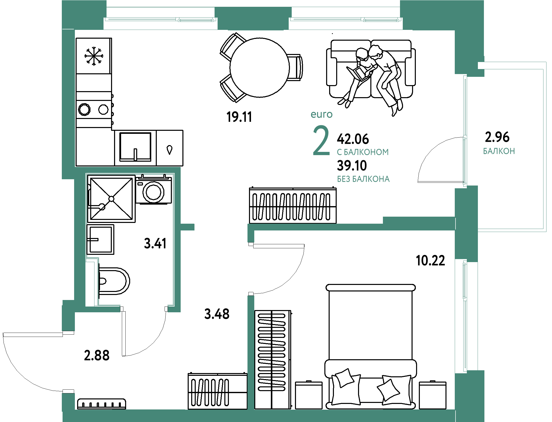 Планировка: Евродвушка 41,78 м² в ЖК «Домашний»
