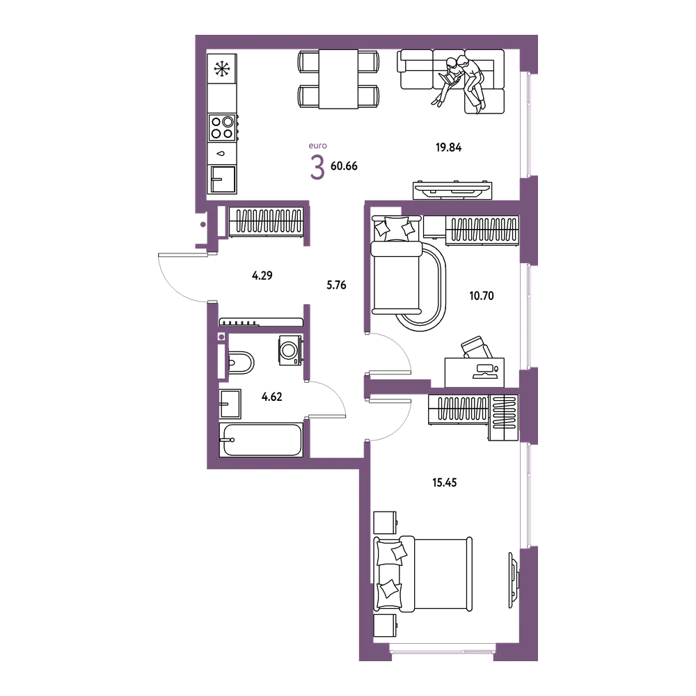 Планировка: Евротрёшка 60,66 м²