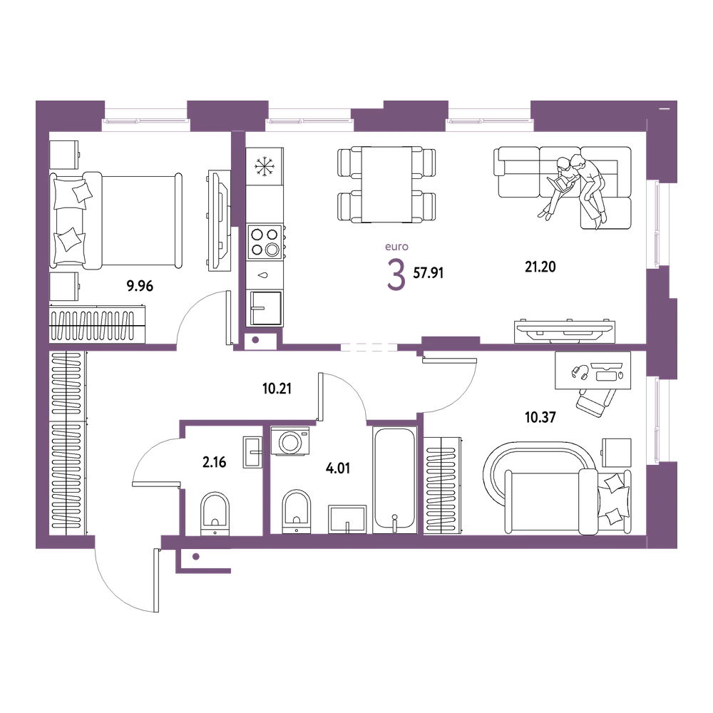 Планировка: Евротрёшка 57,91 м²