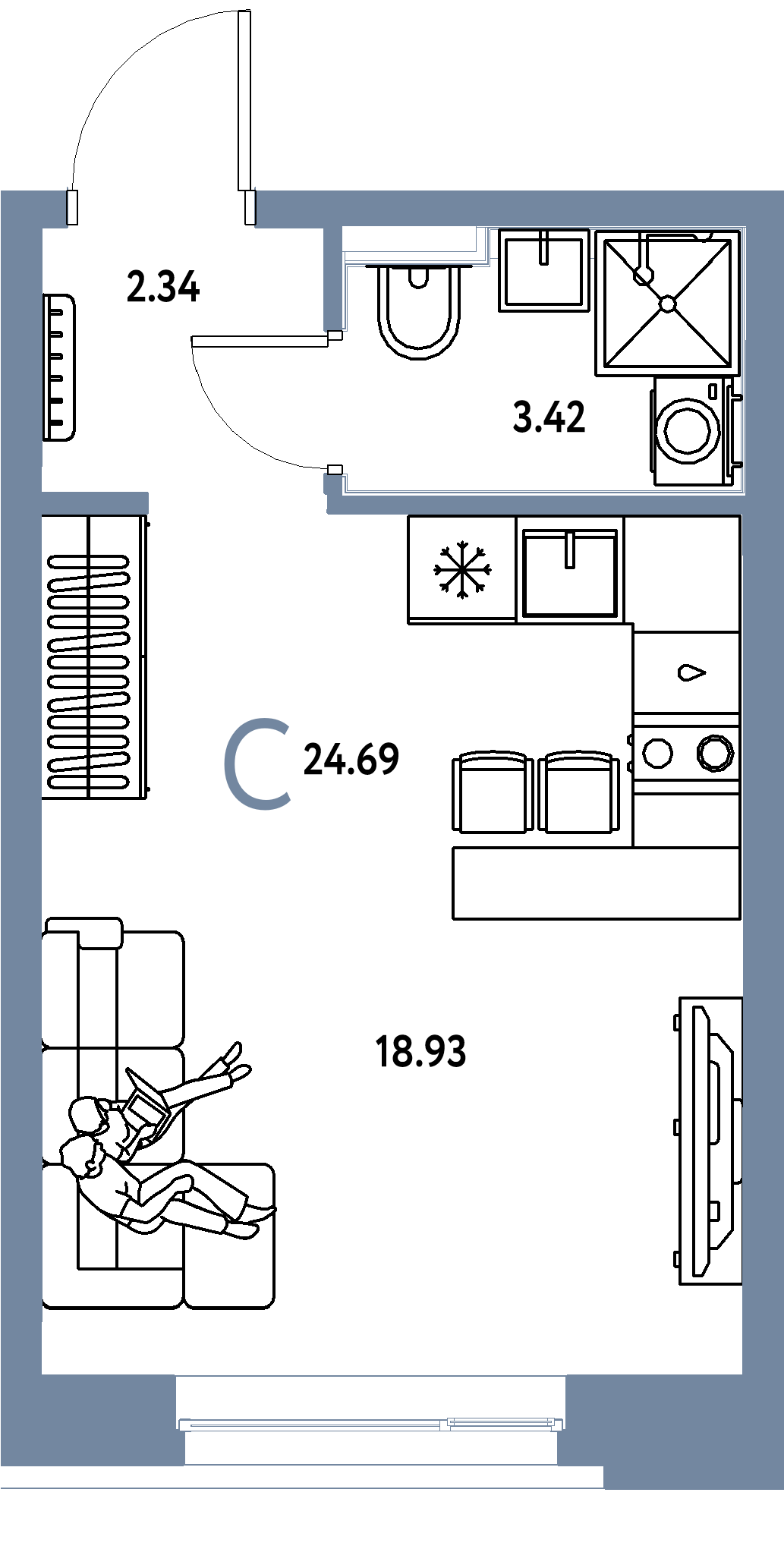 Планировка: Студия 24,69 м² в ЖК «Сердце Сибири»
