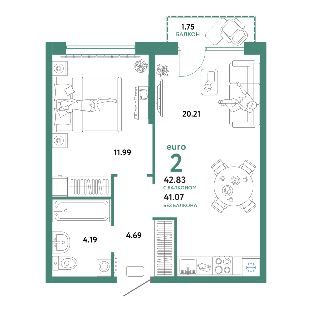 Планировка: Евродвушка 42,93 м²