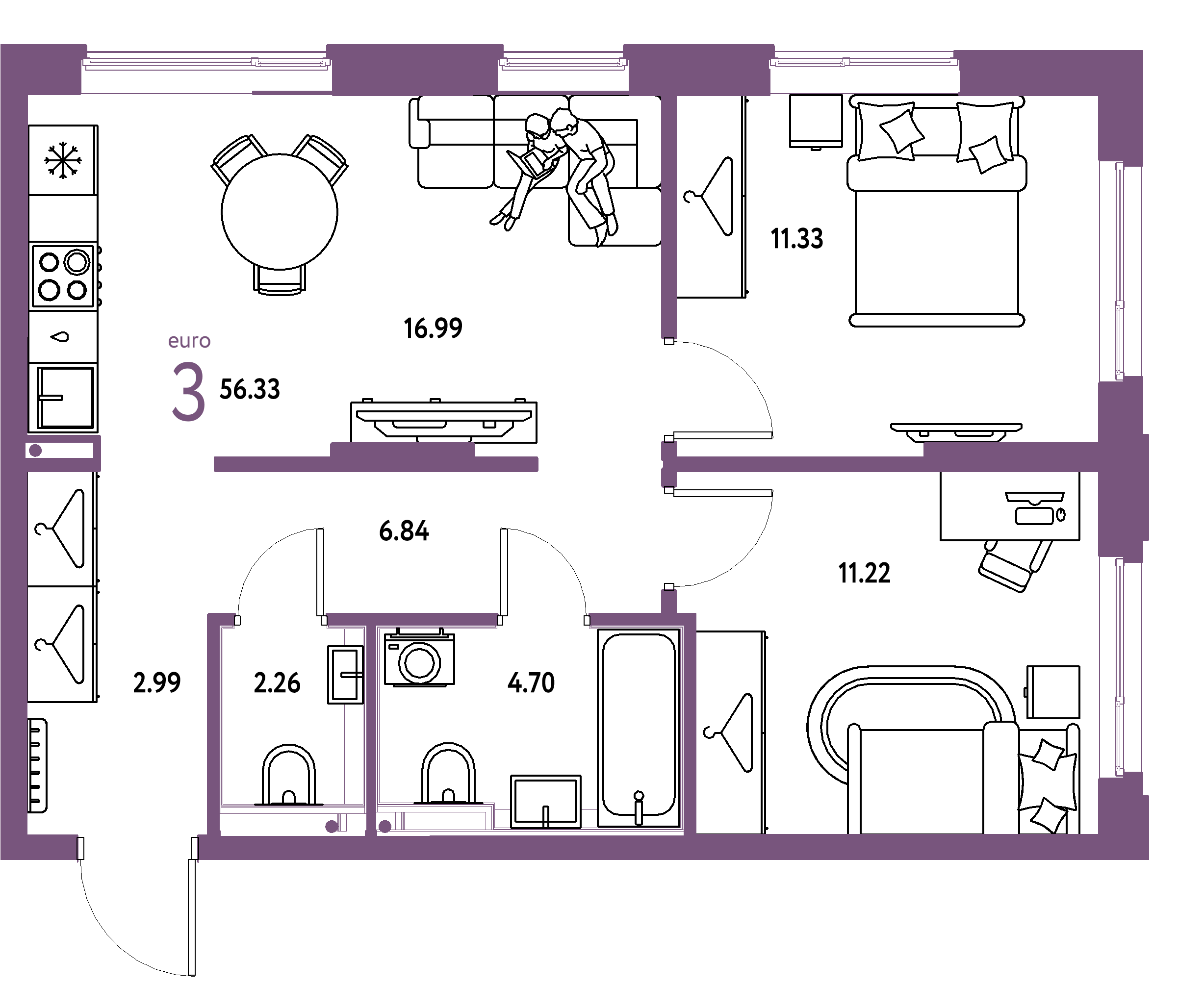 Планировка: Евротрёшка 56,33 м² в ЖК «Страна.Прибрежная»