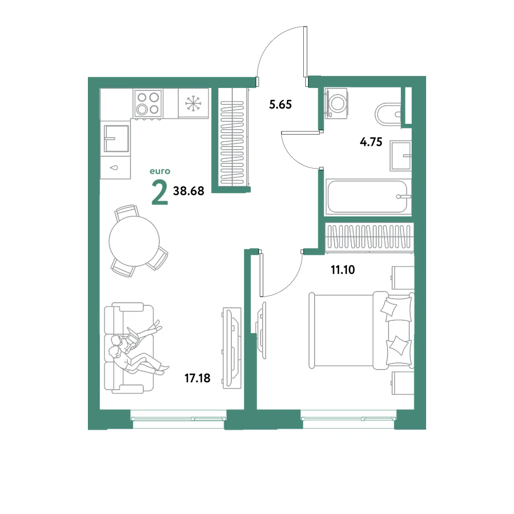 Планировка: Евродвушка 38,68 м²