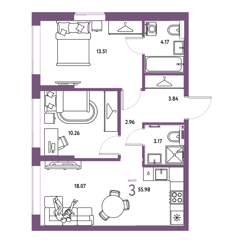 Планировка: Евротрёшка 55,98 м²