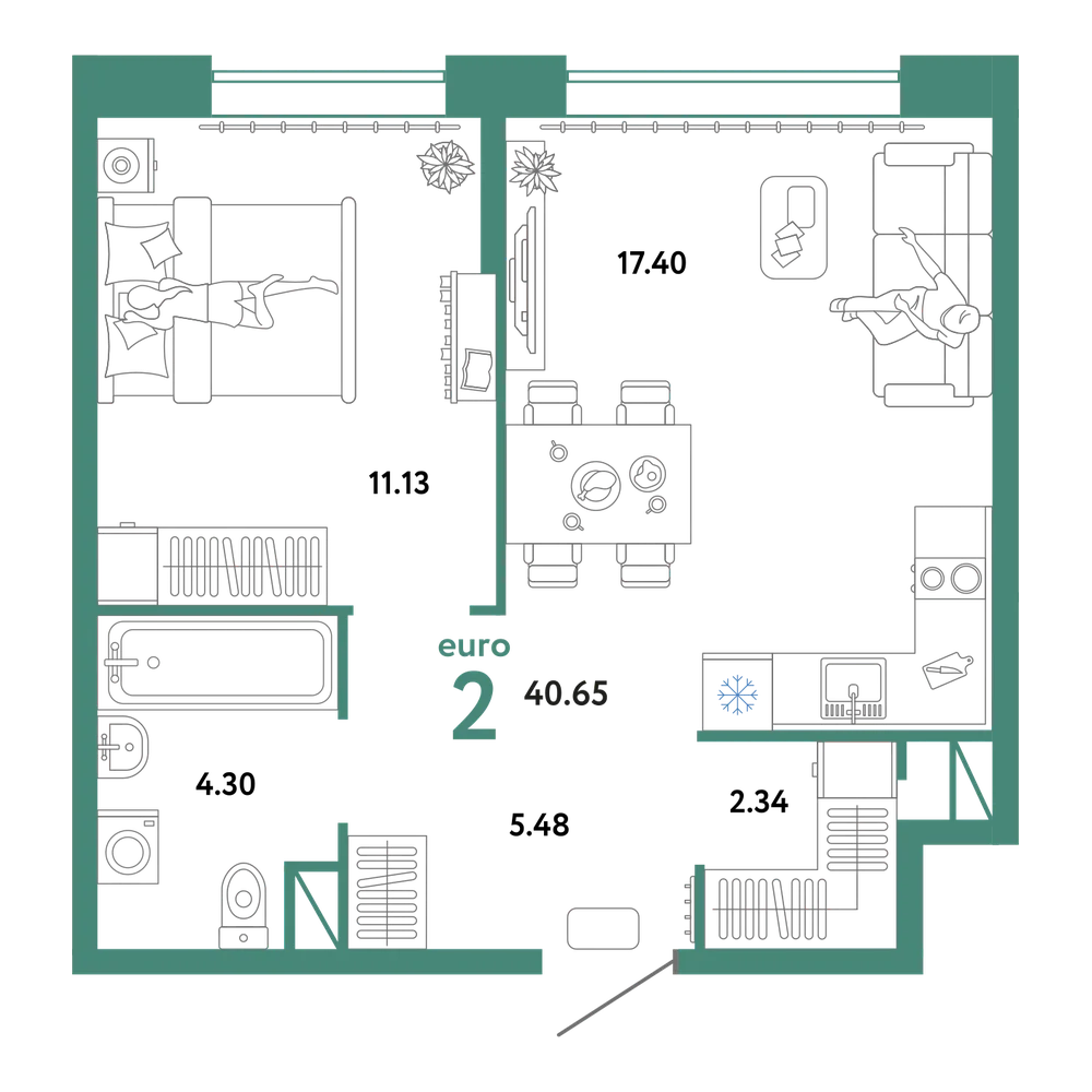 Планировка: Евродвушка 40,65 м²