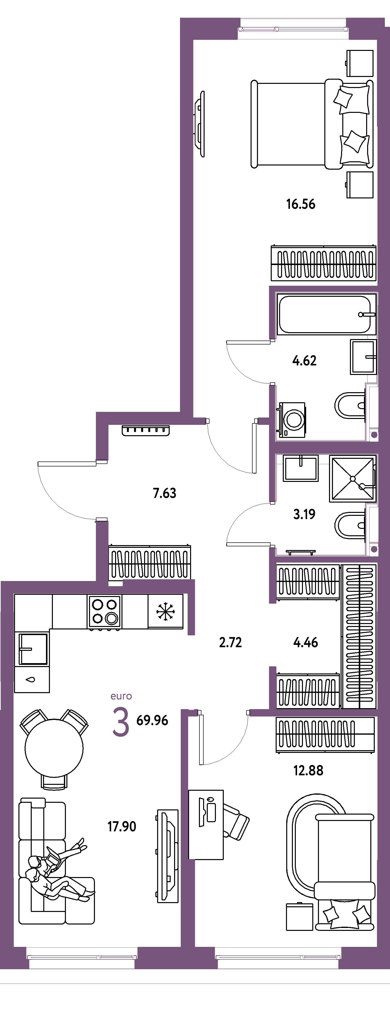 Планировка: Евротрёшка 69,96 м² в ЖК «Сердце Сибири»