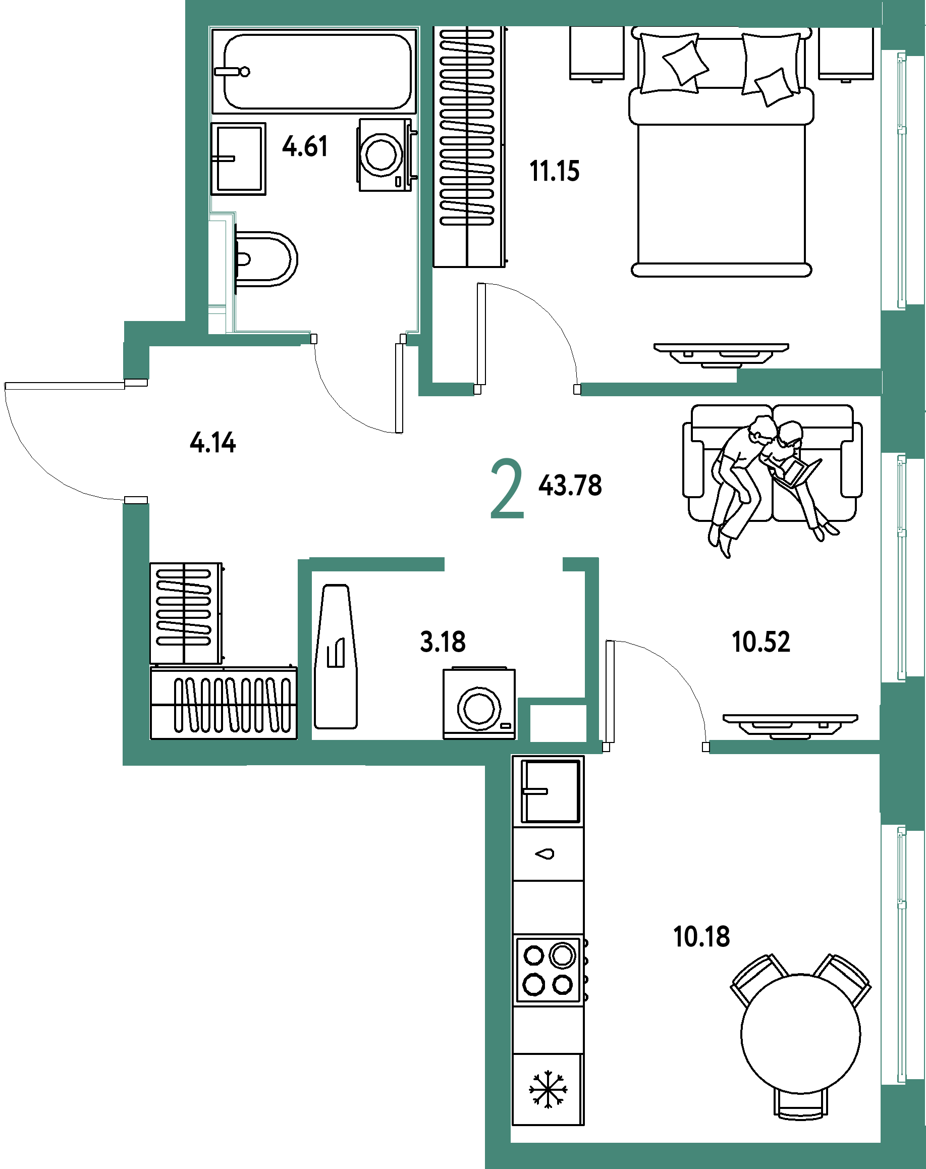 Планировка: 2-комнатная 43,78 м² в ЖК «Сердце Сибири»
