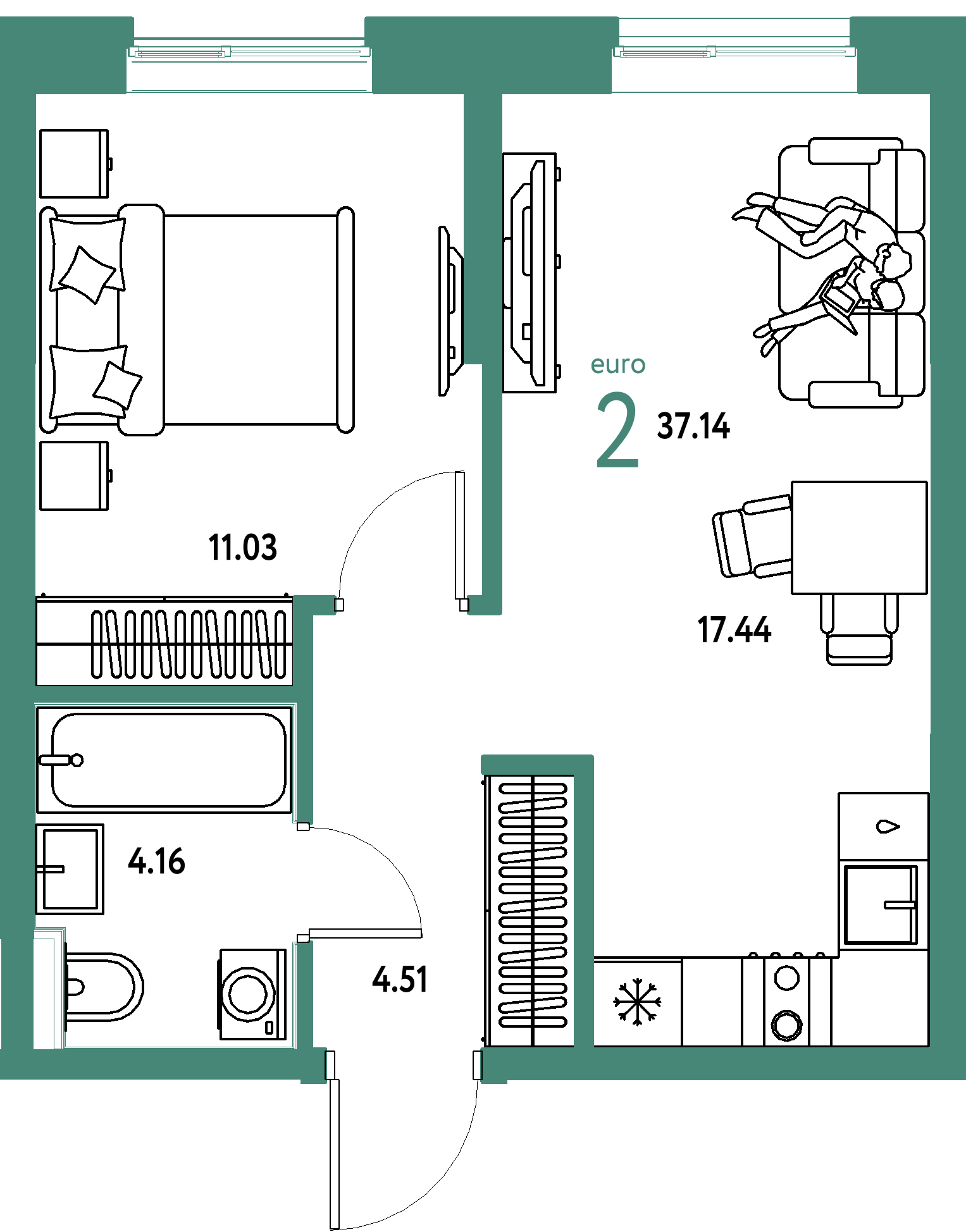 Планировка: Евродвушка 37,14 м² в ЖК «Остров-сад»