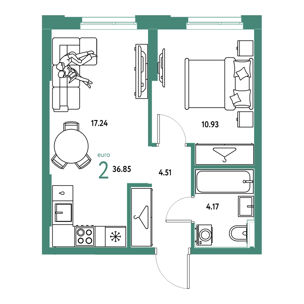Планировка: Евродвушка 36,85 м²