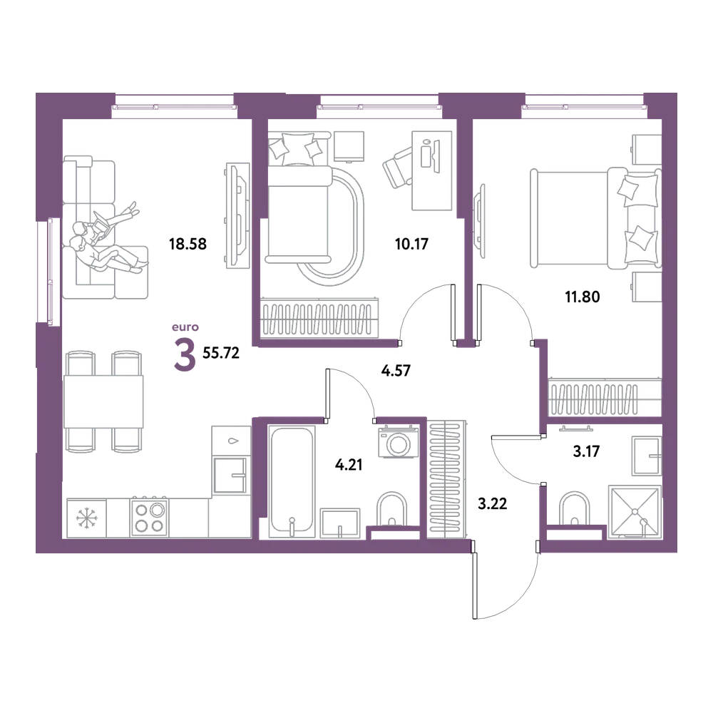 Планировка: Евротрёшка 55,72 м²