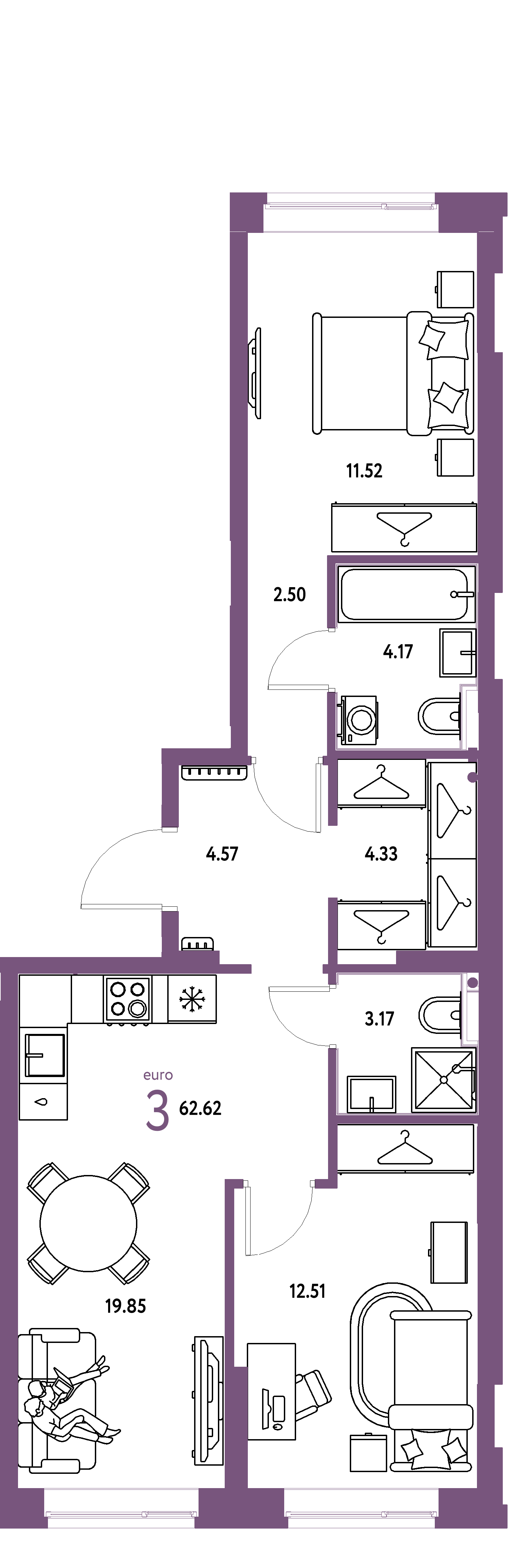 Планировка: Евротрёшка 62,62 м² в ЖК «Европейский берег 2.0»