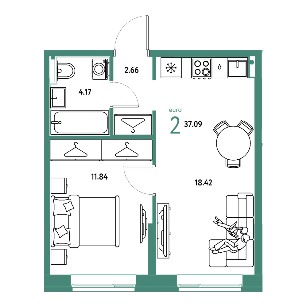 Планировка: Евродвушка 37,09 м²