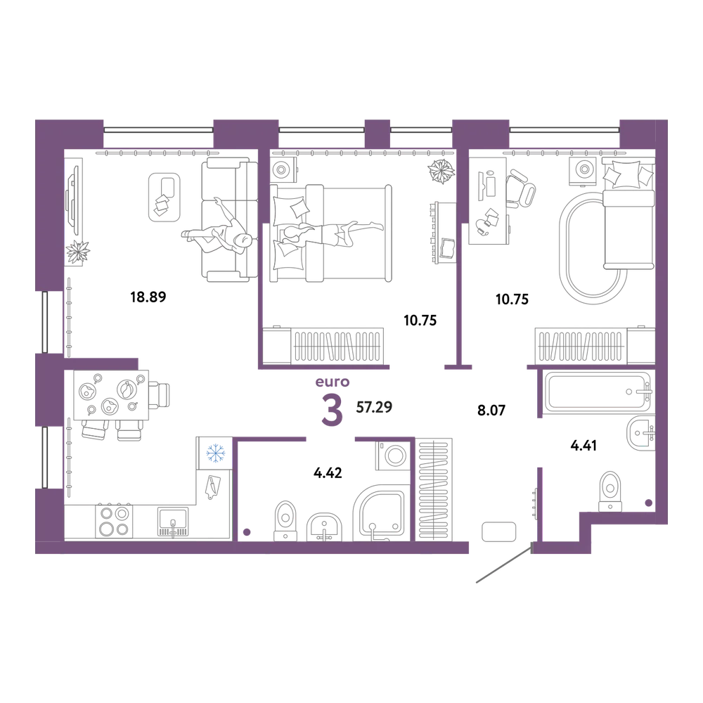 Планировка: 3-комнатная 57,29 м²
