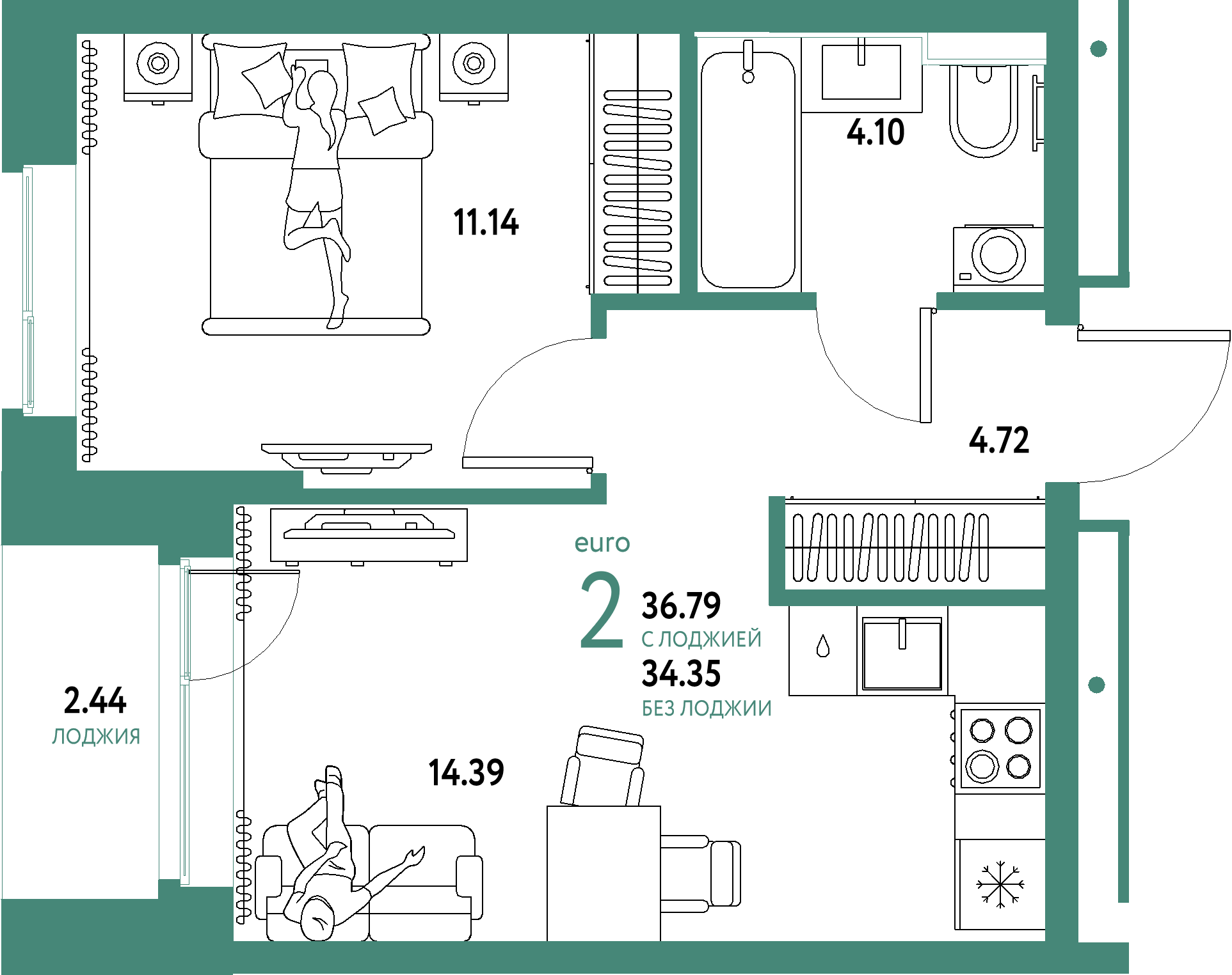 Планировка: Евродвушка 36,79 м² в ЖК «Домашний»
