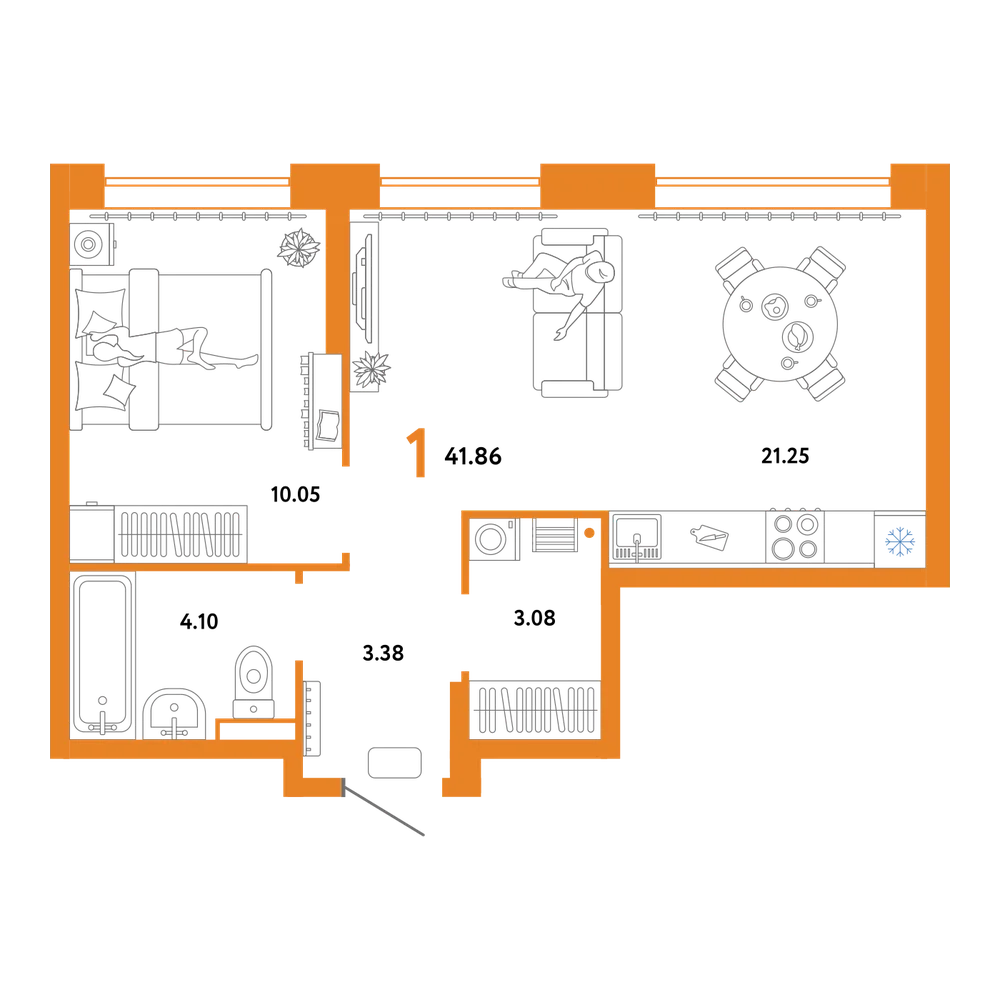 Планировка: 1-комнатная 41,86 м²