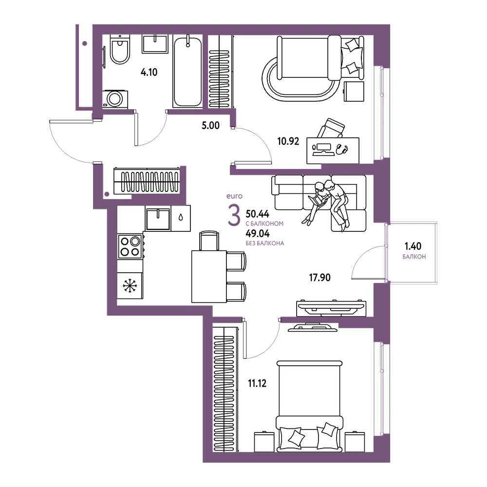 Планировка: Евротрёшка 50,44 м²
