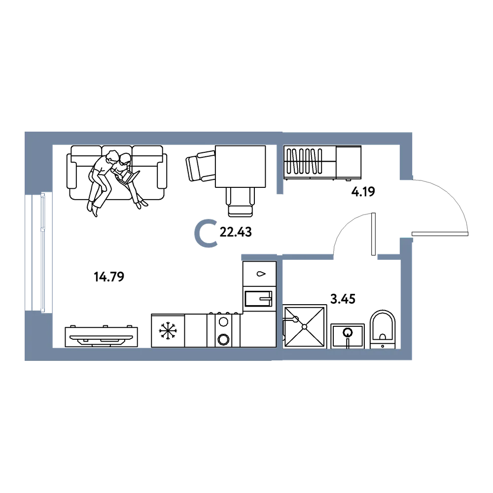 Планировка: Студия 22,43 м²