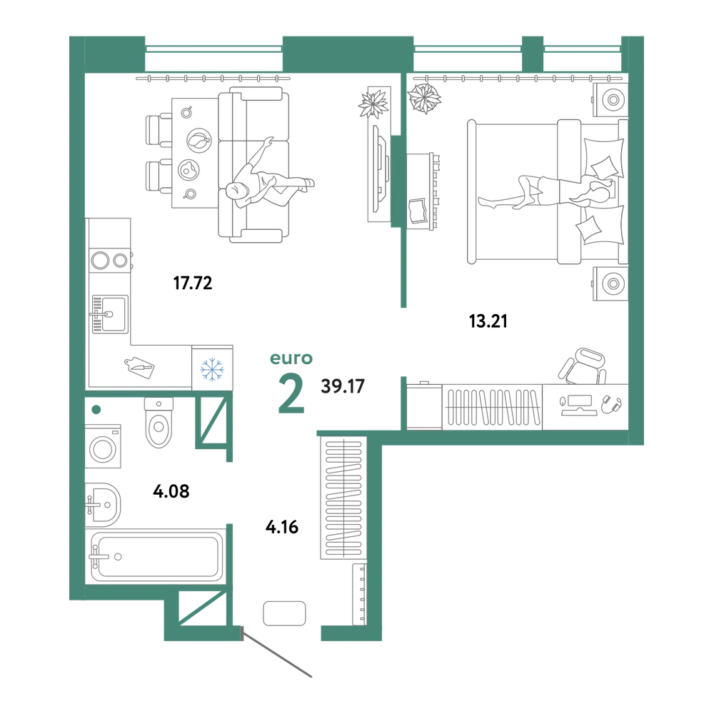 Планировка: Евродвушка 39,17 м²