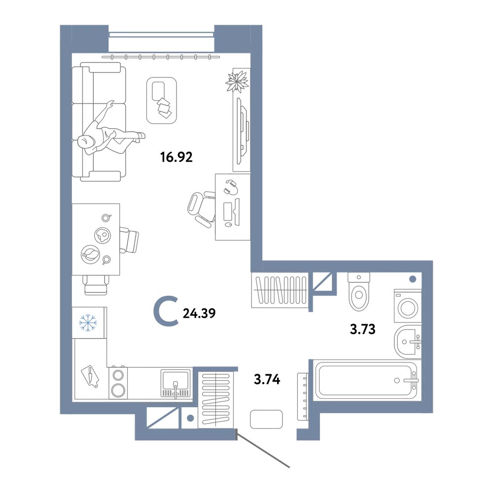 Планировка: Студия 24,39 м²