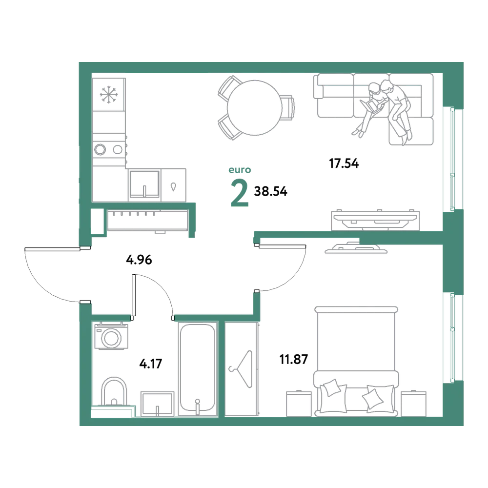 Планировка: Евродвушка 38,54 м²