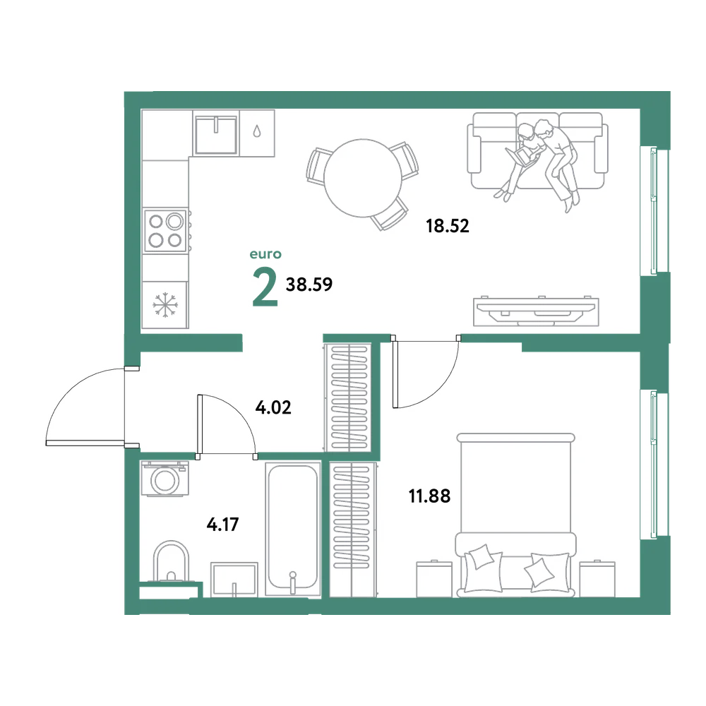 Планировка: Евродвушка 38,59 м²