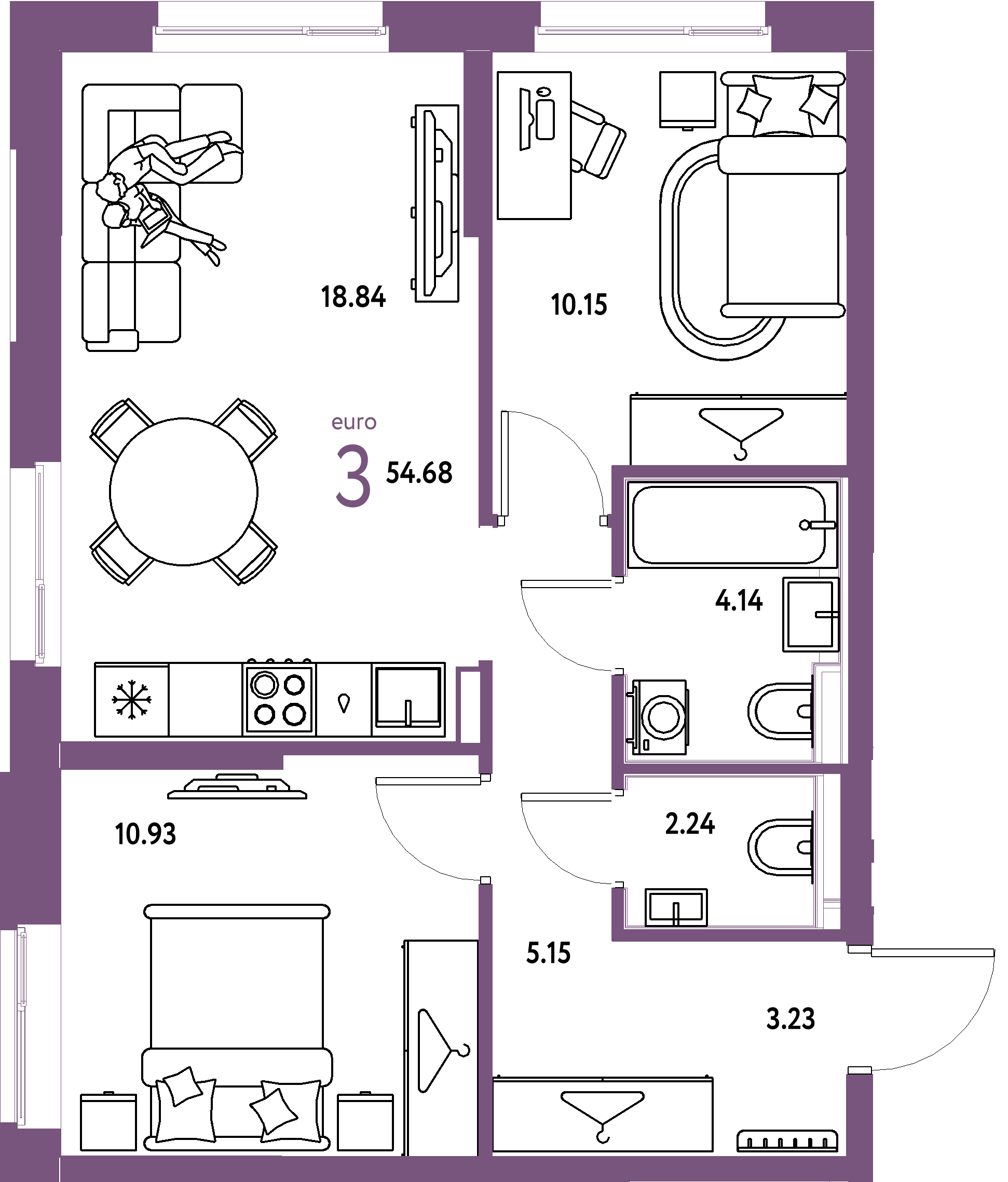 Планировка: Евротрёшка 54,7 м² в ЖК «Европейский берег 2.0»