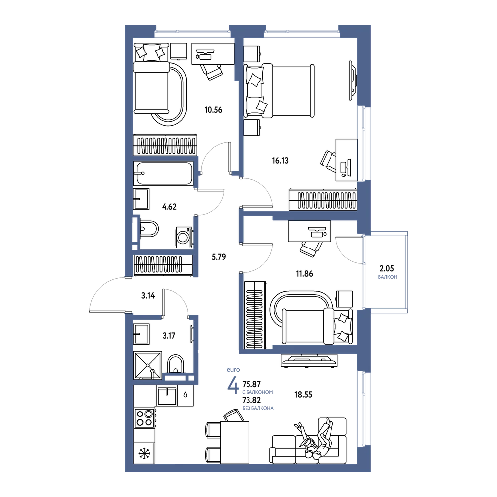 Планировка: Евро-4 75,87 м²