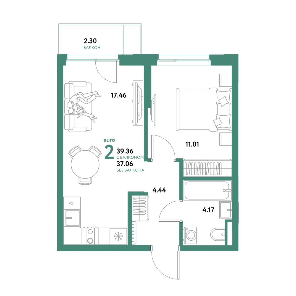 Планировка: Евродвушка 39,36 м²