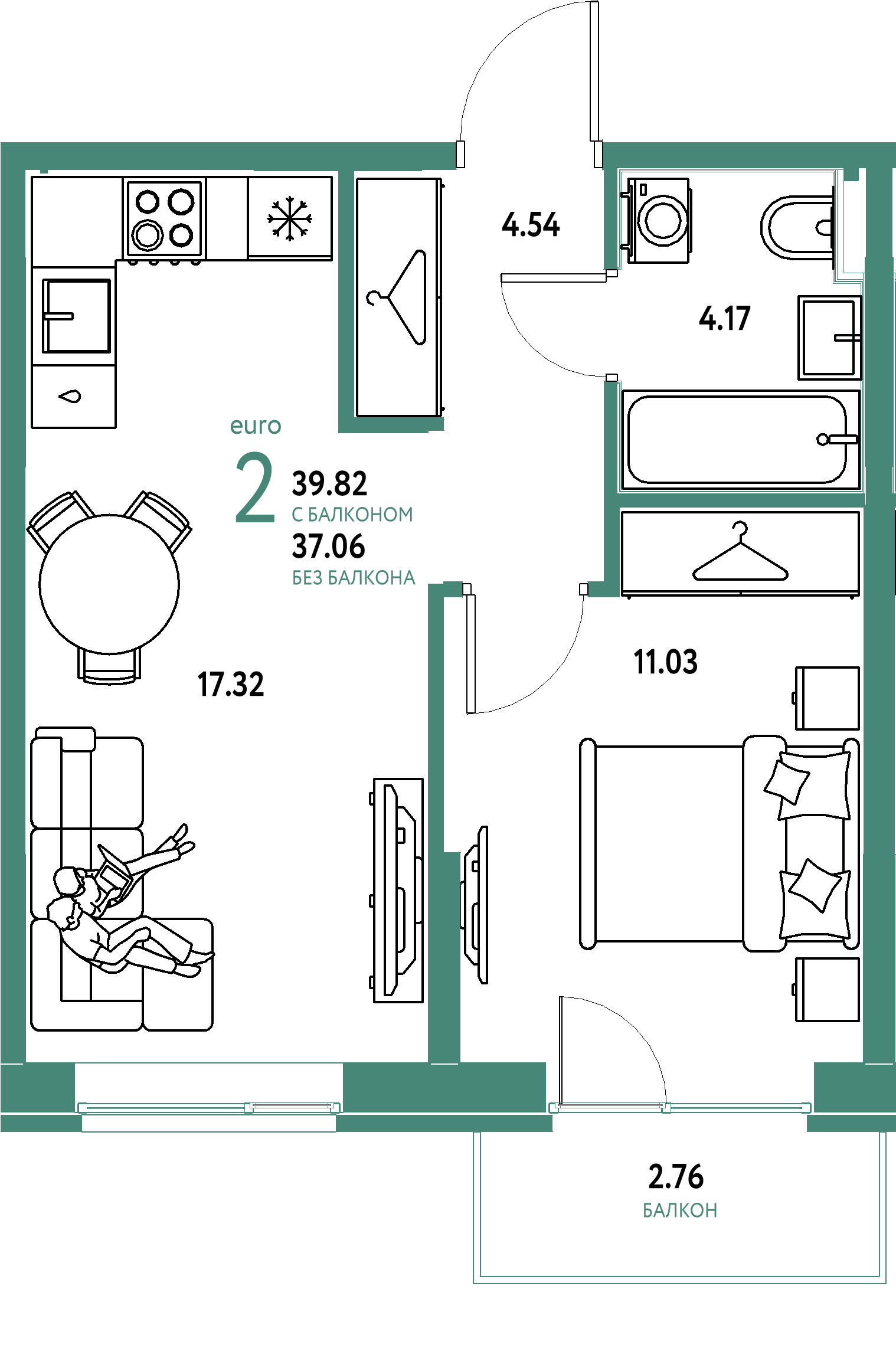 Планировка: Евродвушка 39,82 м² в ЖК «Европейский берег 2.0»