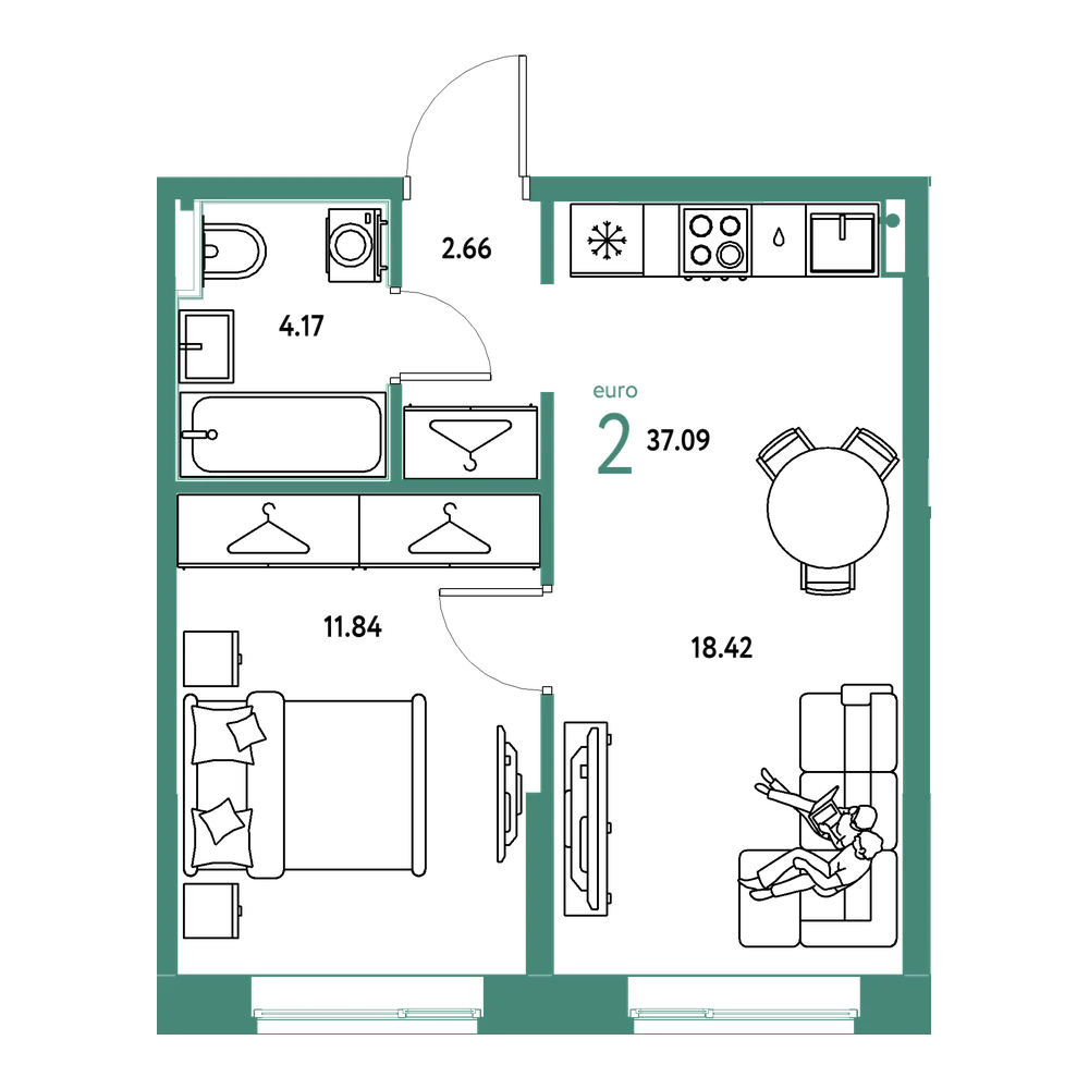 Планировка: Евродвушка 37,09 м²