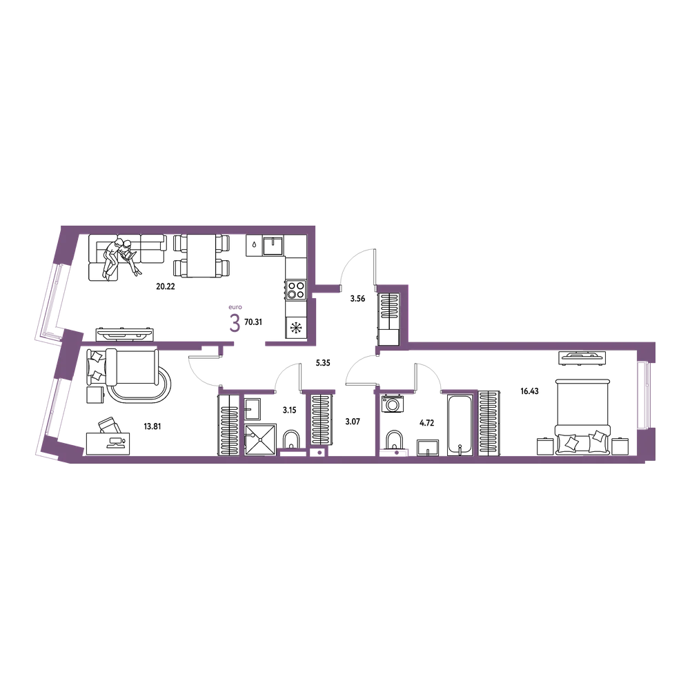 Планировка: Евротрёшка 70,31 м²