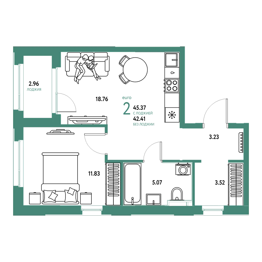 Планировка: Евродвушка 45,37 м²