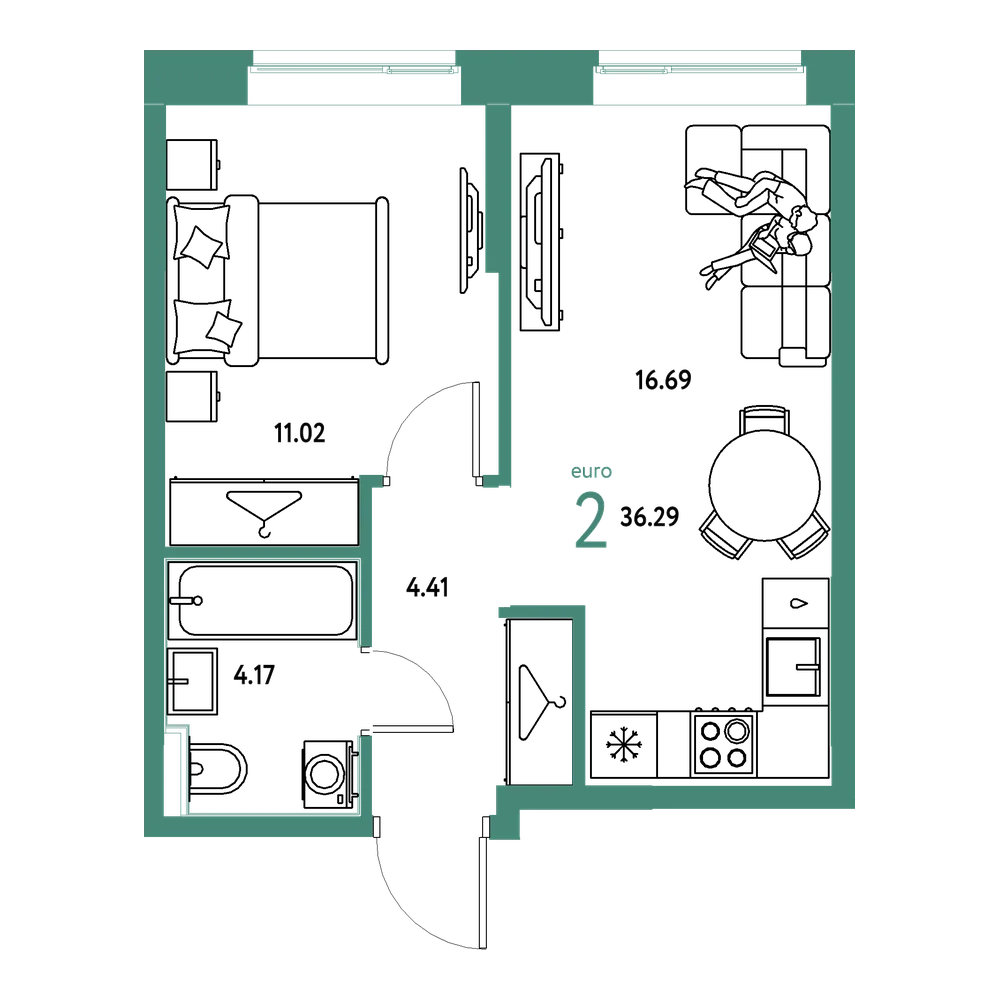 Планировка: Евродвушка 36,29 м²