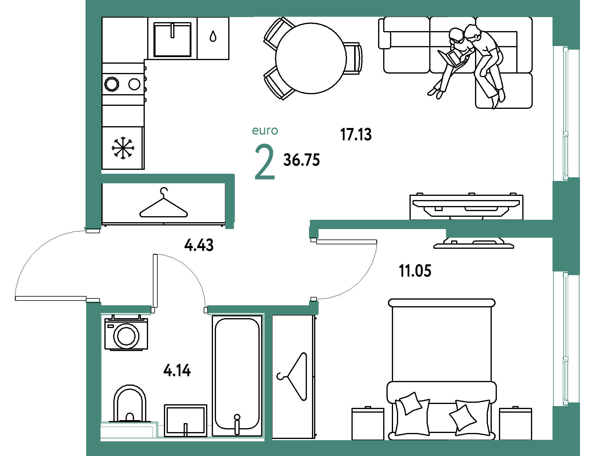 Планировка: Евродвушка 36,75 м² в ЖК «Страна.Прибрежная»