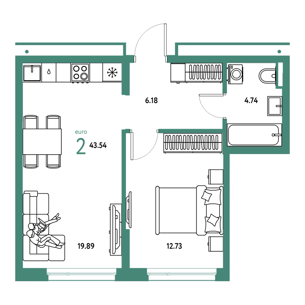 Планировка: Евродвушка 43,54 м²