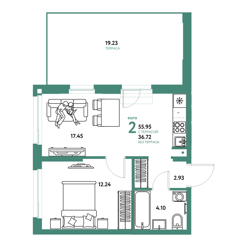 Планировка: Евродвушка 55,95 м²