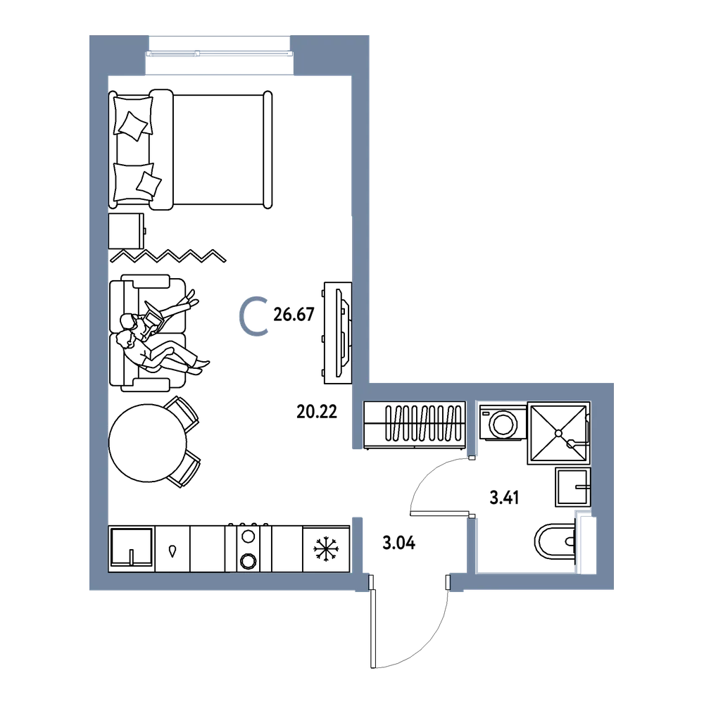 Планировка: Студия 26,67 м²