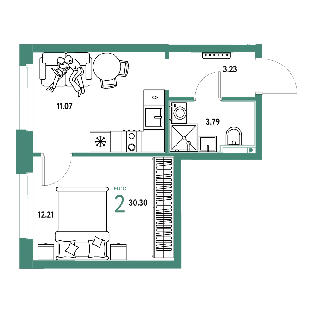 Планировка: Евродвушка 30,3 м²