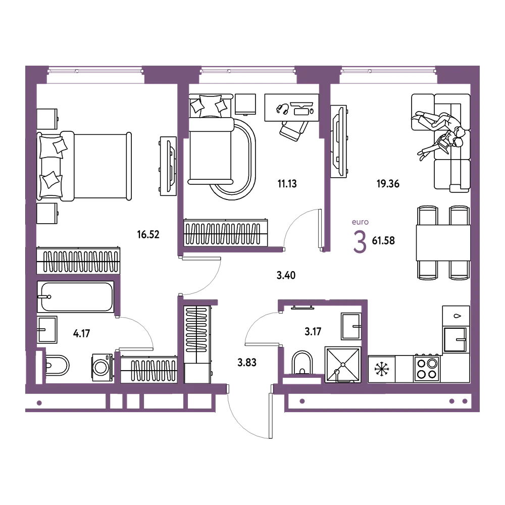 Планировка: Евротрёшка 61,58 м²