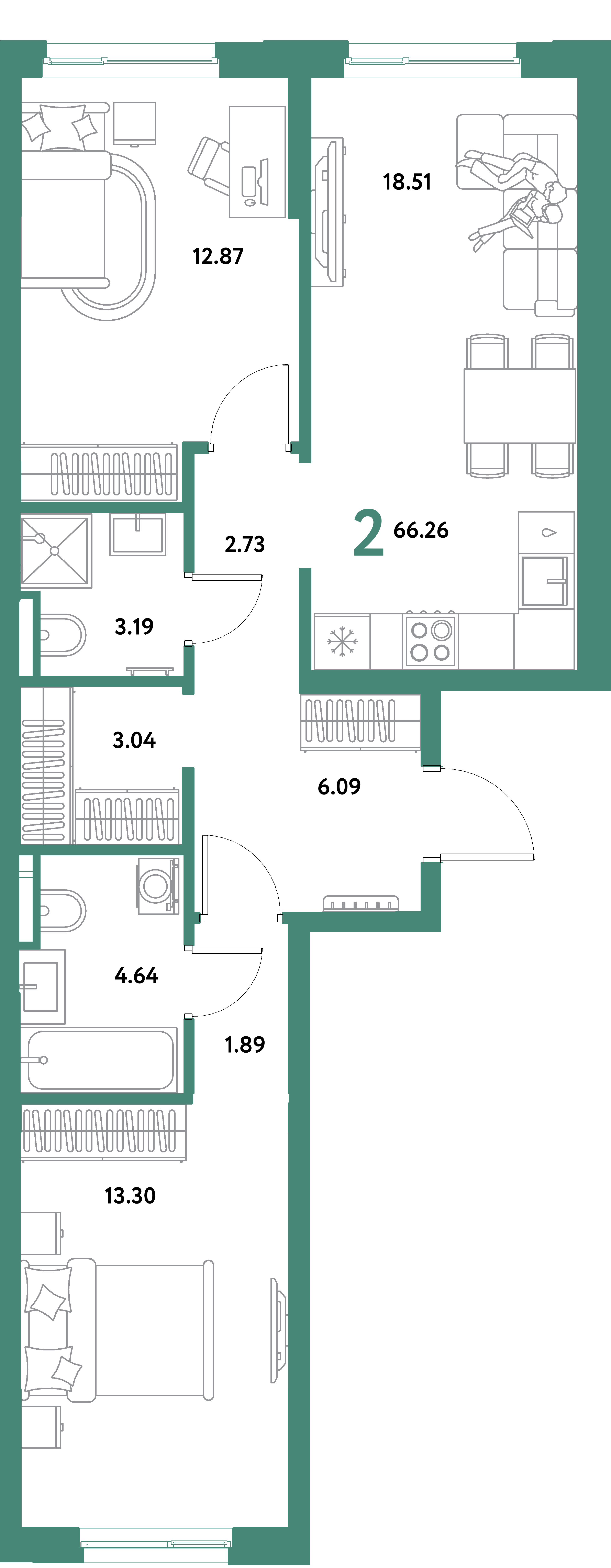 Планировка: 2-комнатная 66,26 м² в ЖК «Остров-сад»