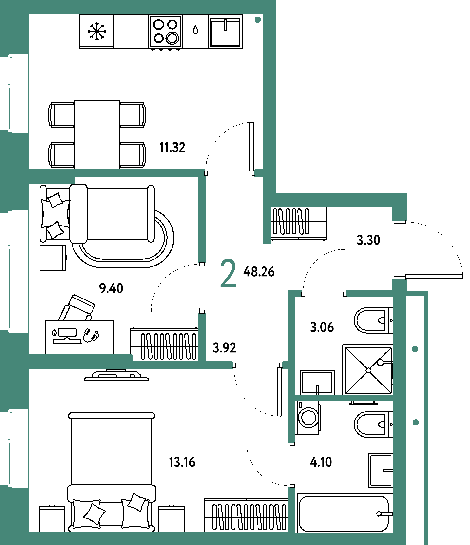 Планировка: 2-комнатная 48,26 м² в ЖК «Домашний»