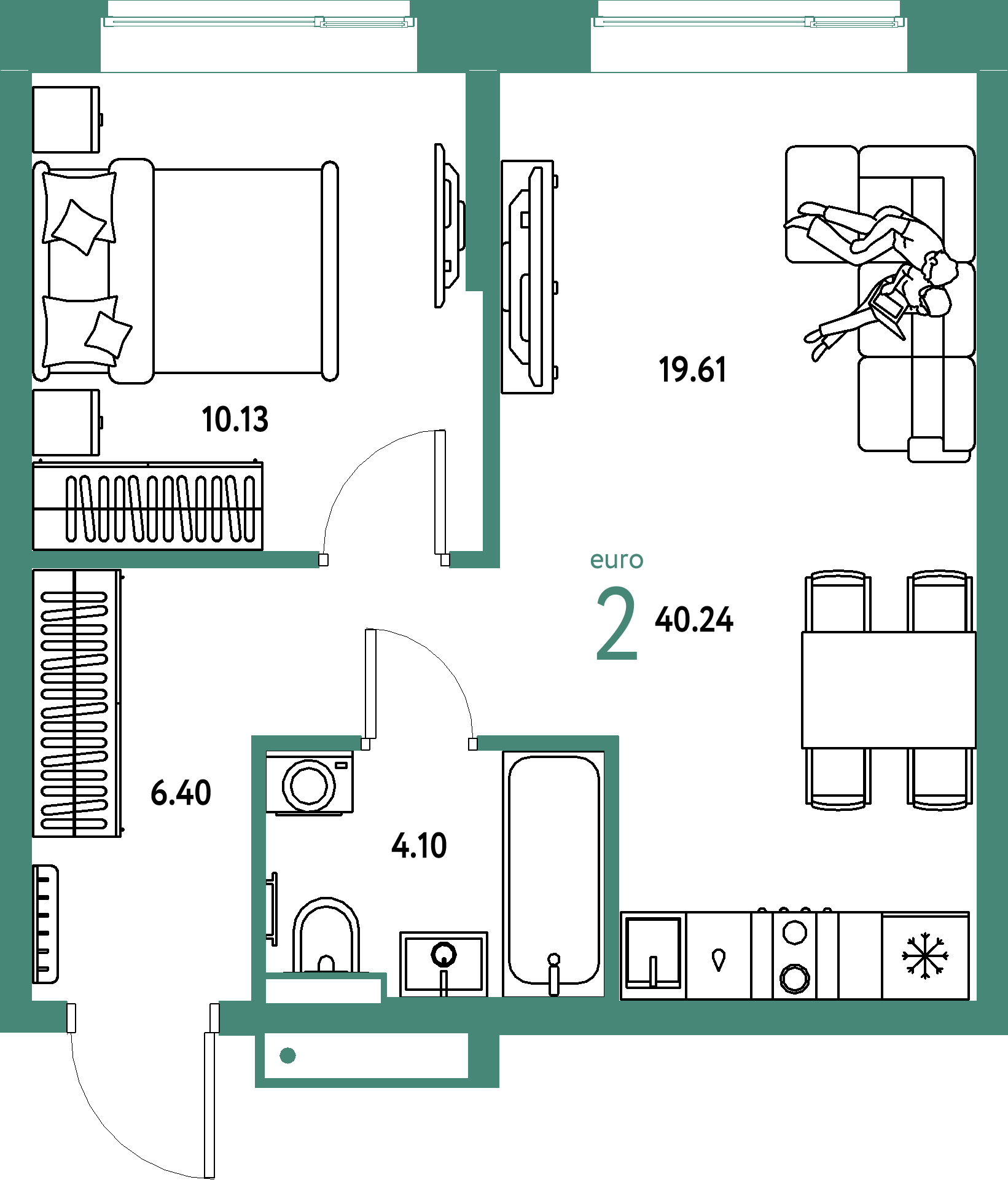 Планировка: Евродвушка 40,24 м² в ЖК «Авторский»