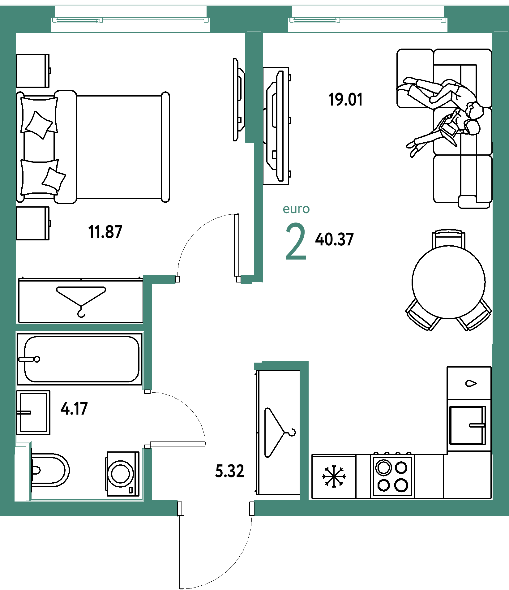 Планировка: Евродвушка 40,37 м² в ЖК «Европейский берег 2.0»