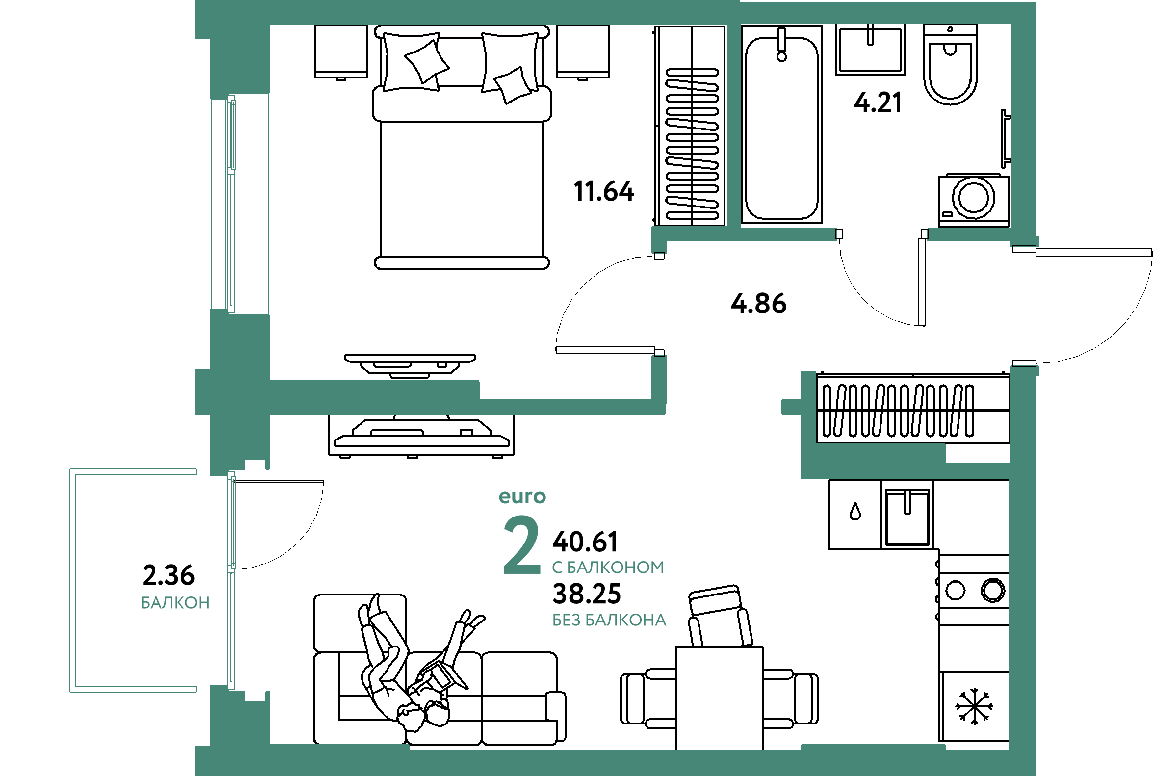 Планировка: Евродвушка 40,61 м² в ЖК «Европейский берег 2.0»