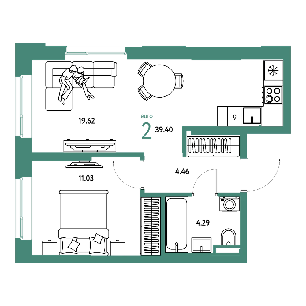 Планировка: Евродвушка 39,4 м²