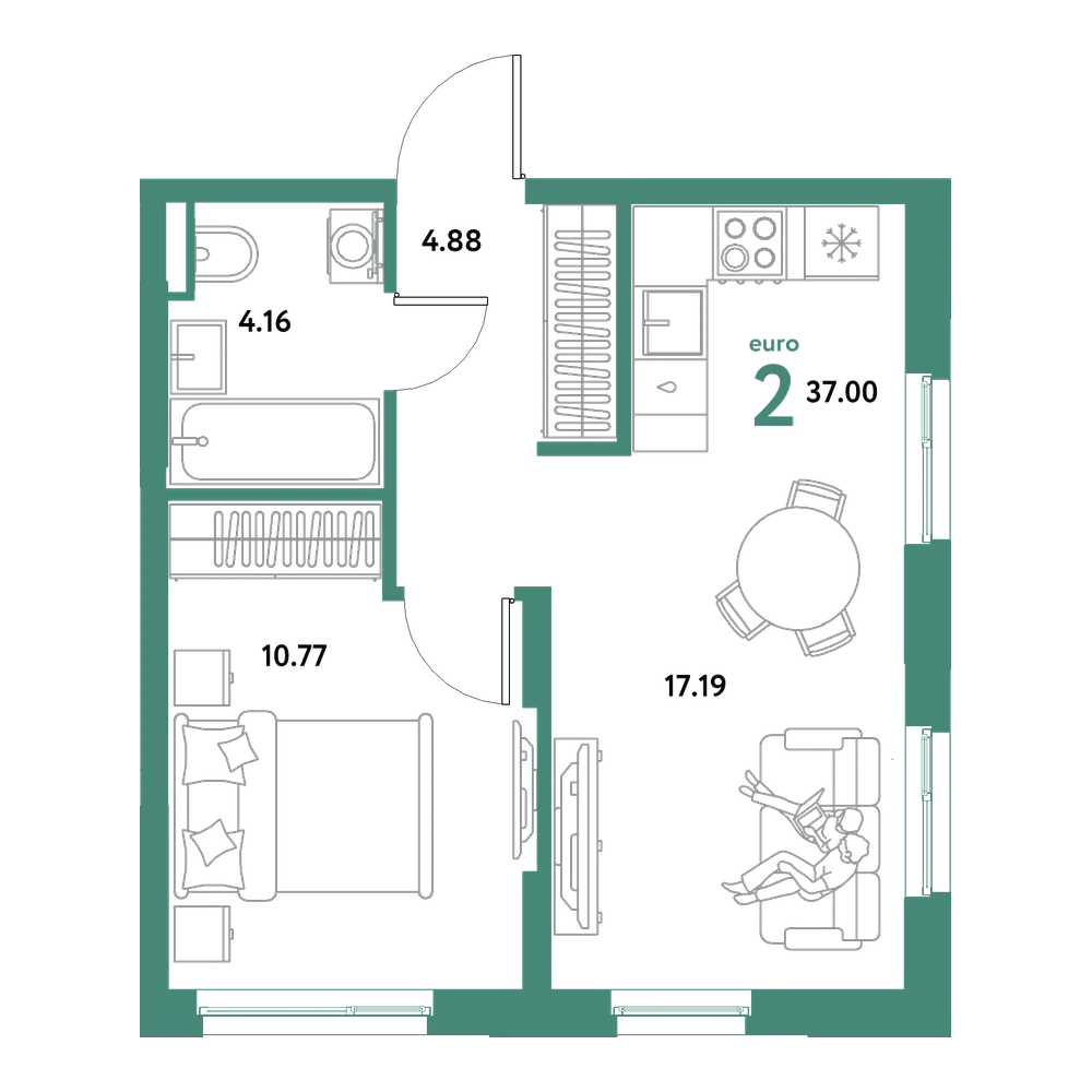 Планировка: Евродвушка 37 м²
