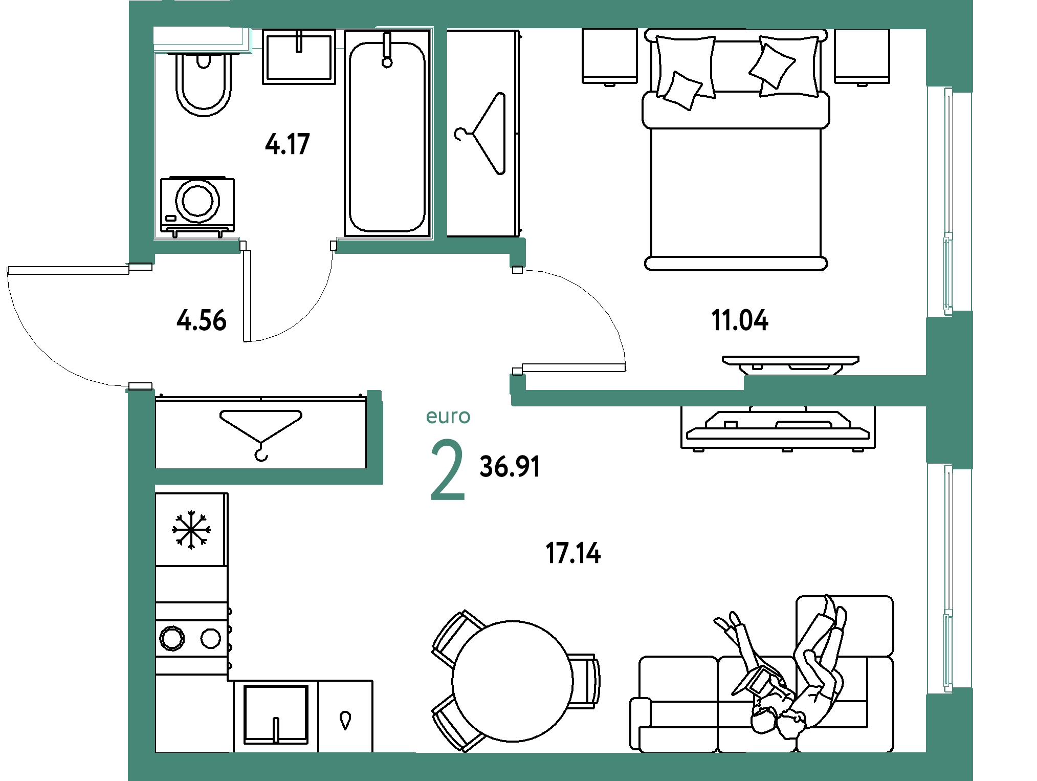 Планировка: Евродвушка 36,91 м² в ЖК «Страна.Прибрежная»