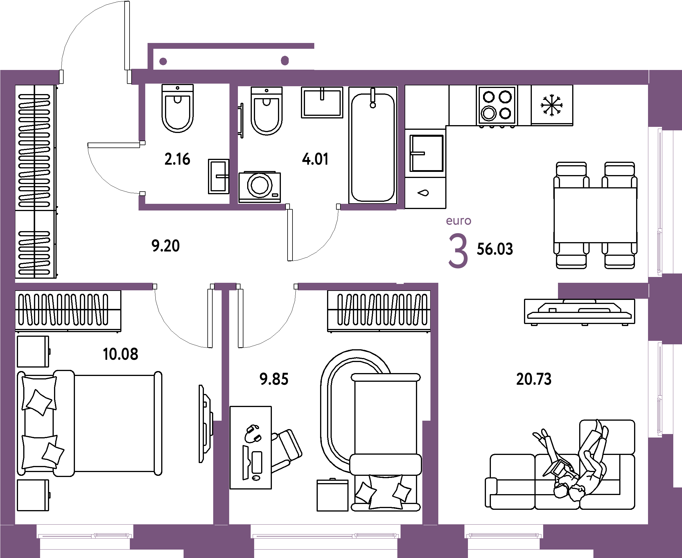 Планировка: Евротрёшка 56,03 м² в ЖК «Домашний»