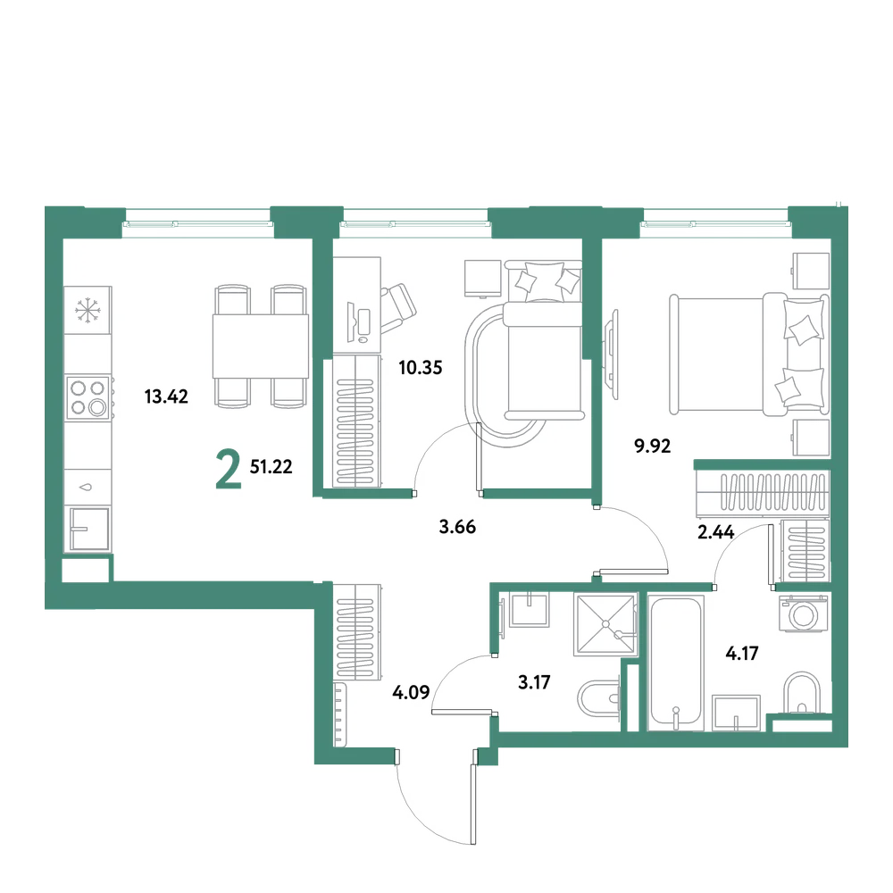 Планировка: 2-комнатная 51,22 м²